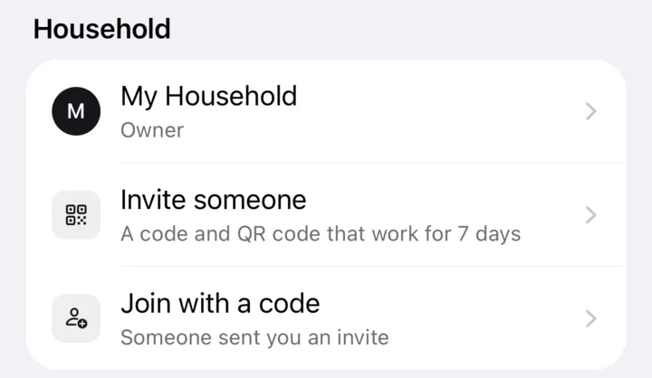 Possum’s Household settings: My Household, invite someone with a code and QR code that work for 7 days, or join with a code.