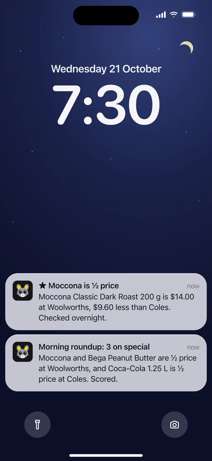 An iPhone lock screen at 7:30 showing two Possum notifications: Moccona coffee is half price, and a morning roundup of three specials.