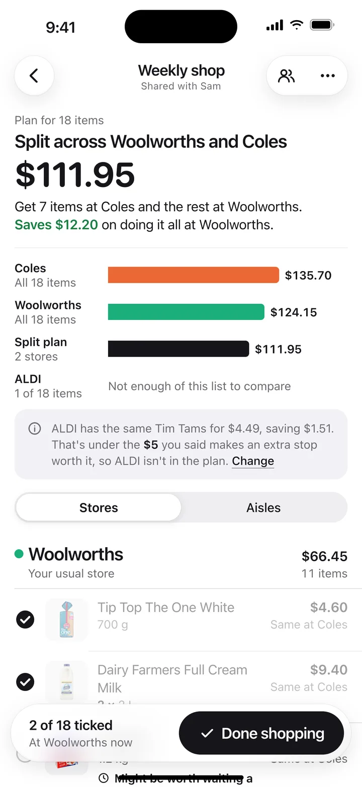 A shared shopping list split across Woolworths and Coles, comparing the cost at each supermarket, with a note that ALDI wasn’t worth an extra stop.